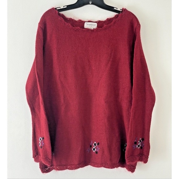 Tribeca Sweaters - Mohair Blend Fuzzy Floral Sweater Red Cottagecore Grandmacore Size L
